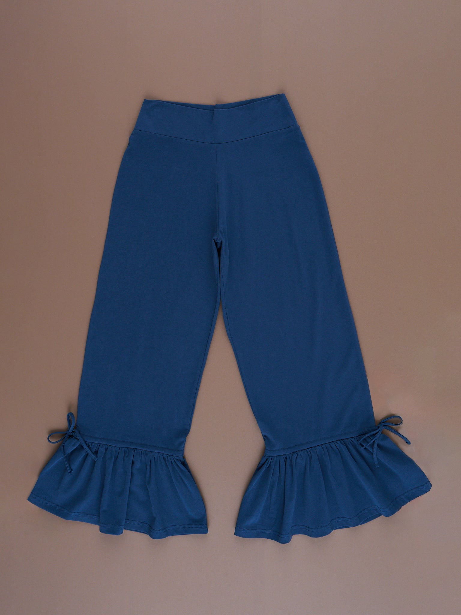 Blue Crop Ruffle Pants with Floral Stretch
