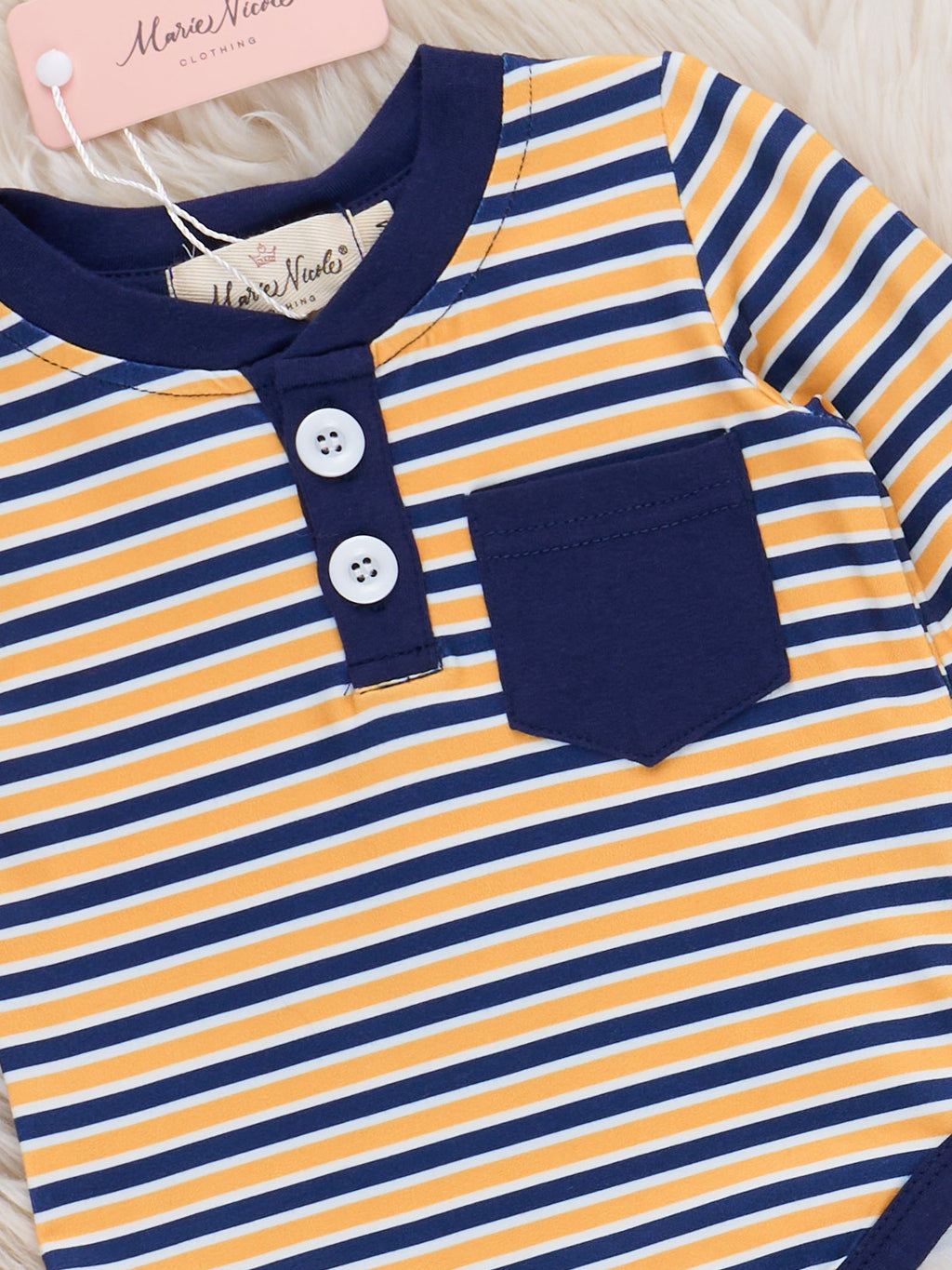 Striped Contrast Trim Pocket Button Placket Long Sleeve Romper