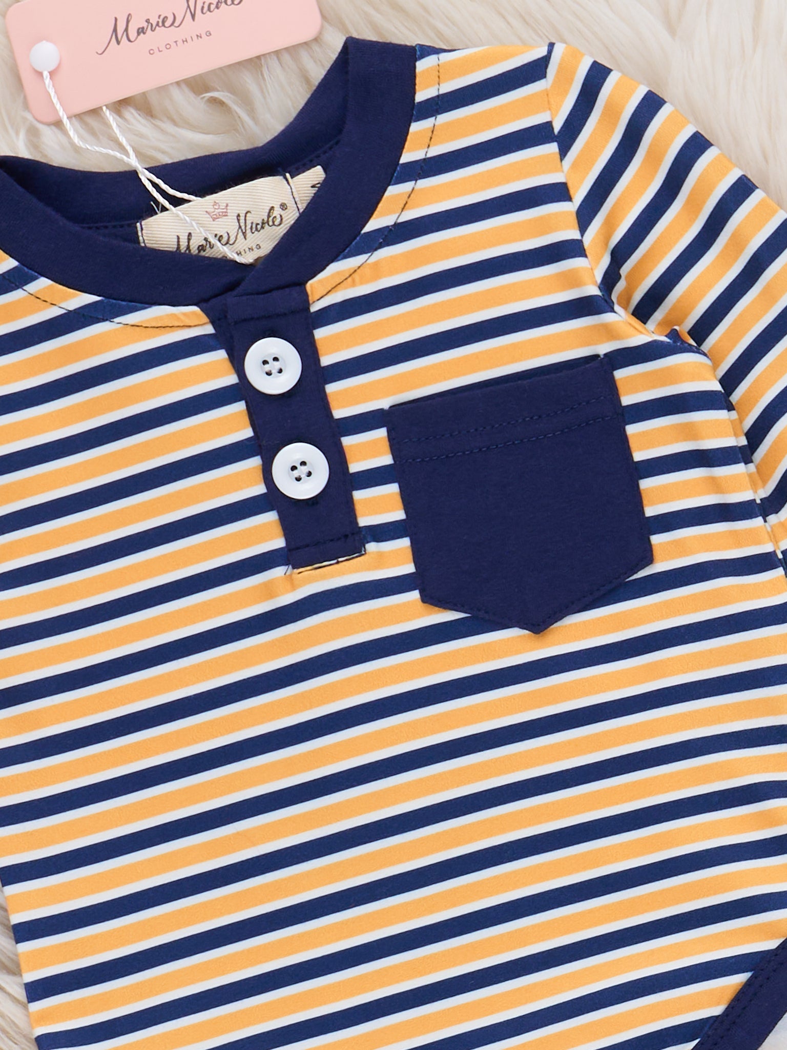 Striped Contrast Trim Pocket Button Placket Long Sleeve Romper