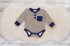 Striped Contrast Trim Pocket Button Placket Long Sleeve Romper