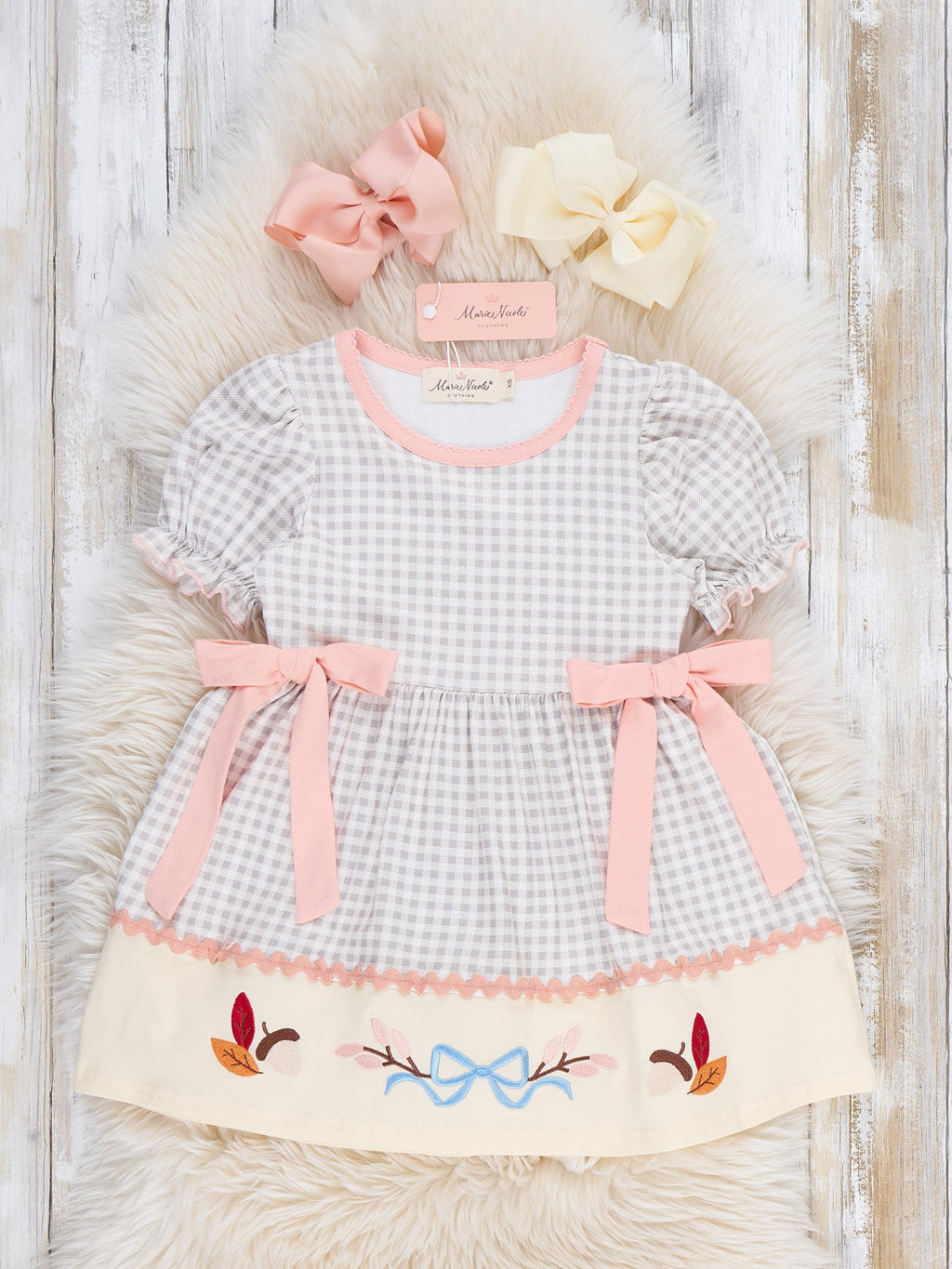 Autumn Acorns Bows Embroidered Plaid Puff Sleeve Dress
