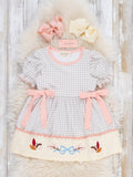 Autumn Acorns Bows Embroidered Plaid Puff Sleeve Dress