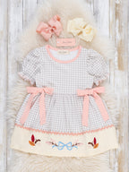 Autumn Acorns Bows Embroidered Plaid Puff Sleeve Dress