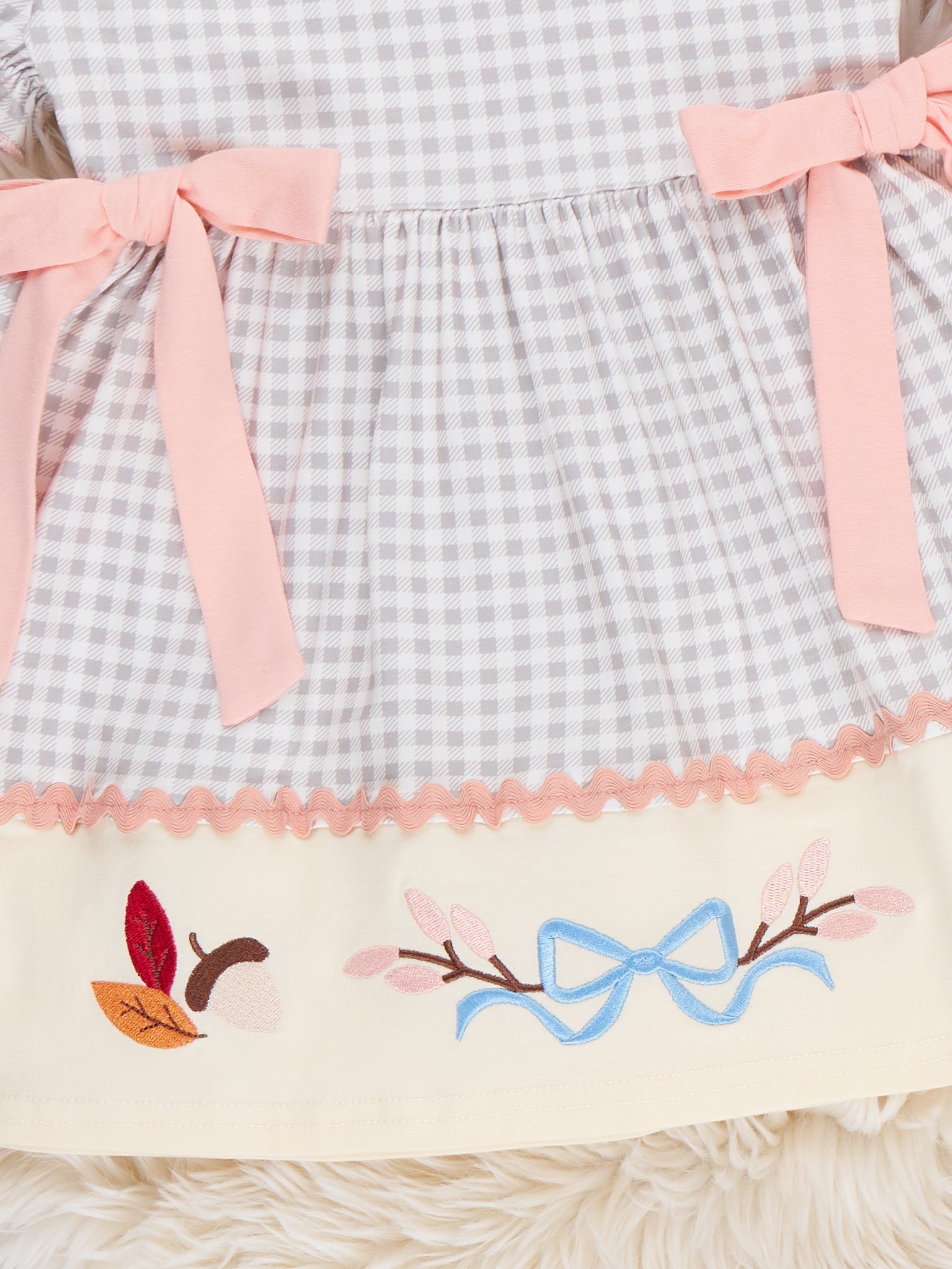 Autumn Acorns Bows Embroidered Plaid Puff Sleeve Dress