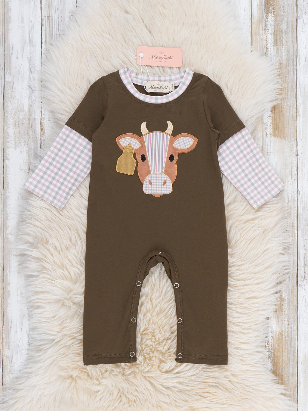 Western Cow Applique Gingham Layered Sleeve Snap Romper
