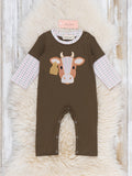 Western Cow Applique Gingham Layered Sleeve Snap Romper