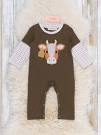 Western Cow Applique Gingham Layered Sleeve Snap Romper