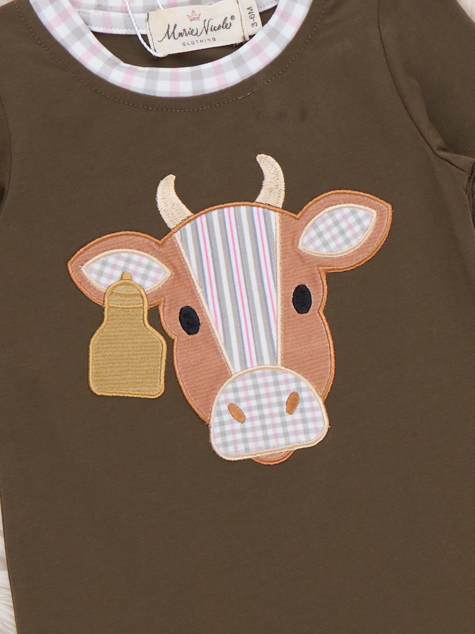 Western Cow Applique Gingham Layered Sleeve Snap Romper