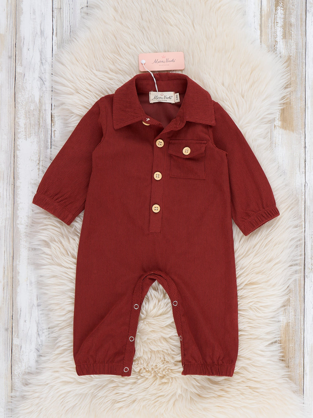 Classic Collared Button Up Long Sleeve Romper in Burnt Orange
