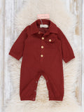 Classic Collared Button Up Long Sleeve Romper in Burnt Orange