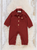 Classic Collared Button Up Long Sleeve Romper in Burnt Orange