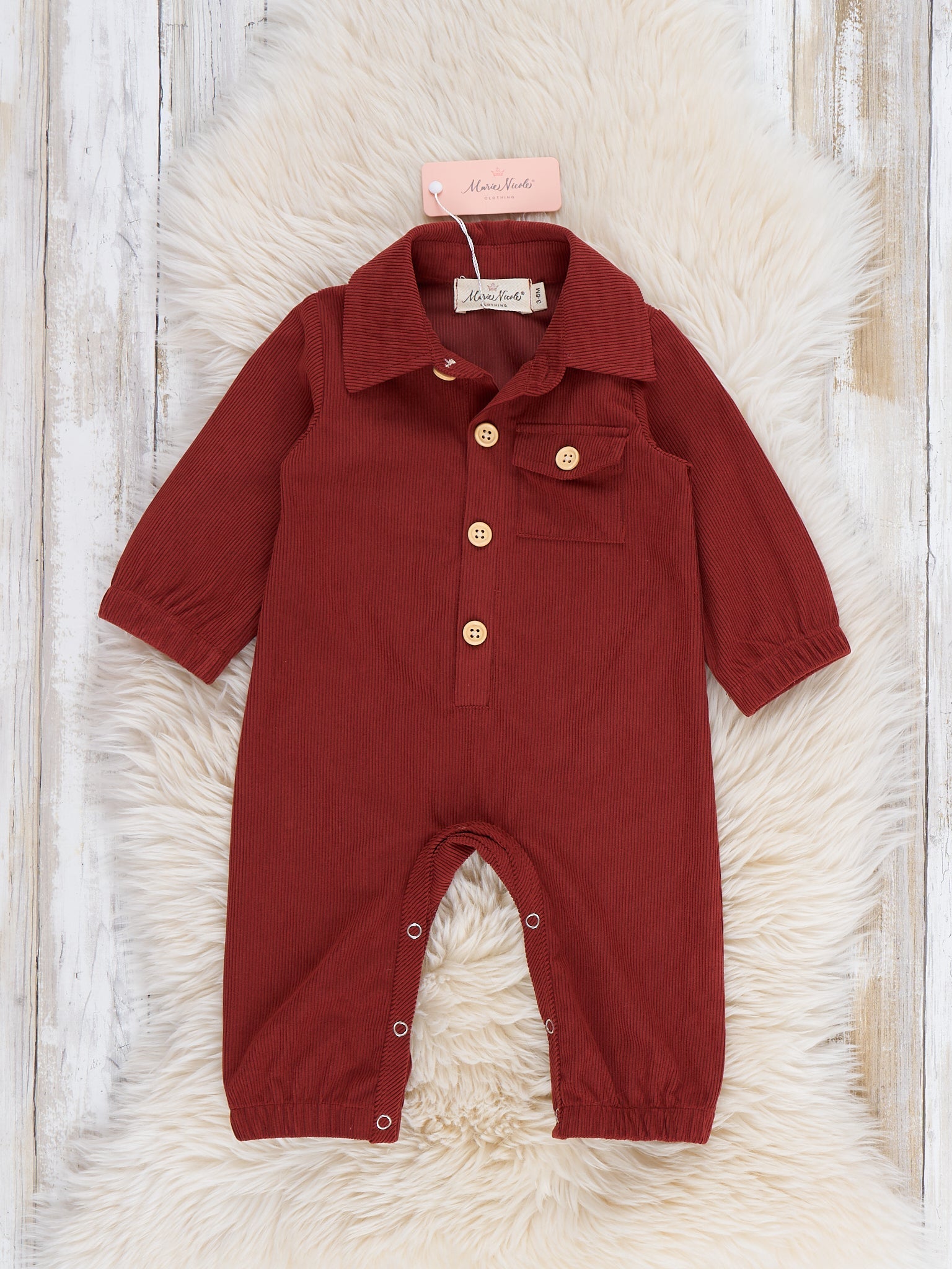 Classic Collared Button Up Long Sleeve Romper in Burnt Orange