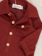 Classic Collared Button Up Long Sleeve Romper in Burnt Orange