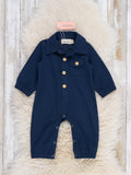 Classic Collared Button Up Long Sleeve Romper in Navy
