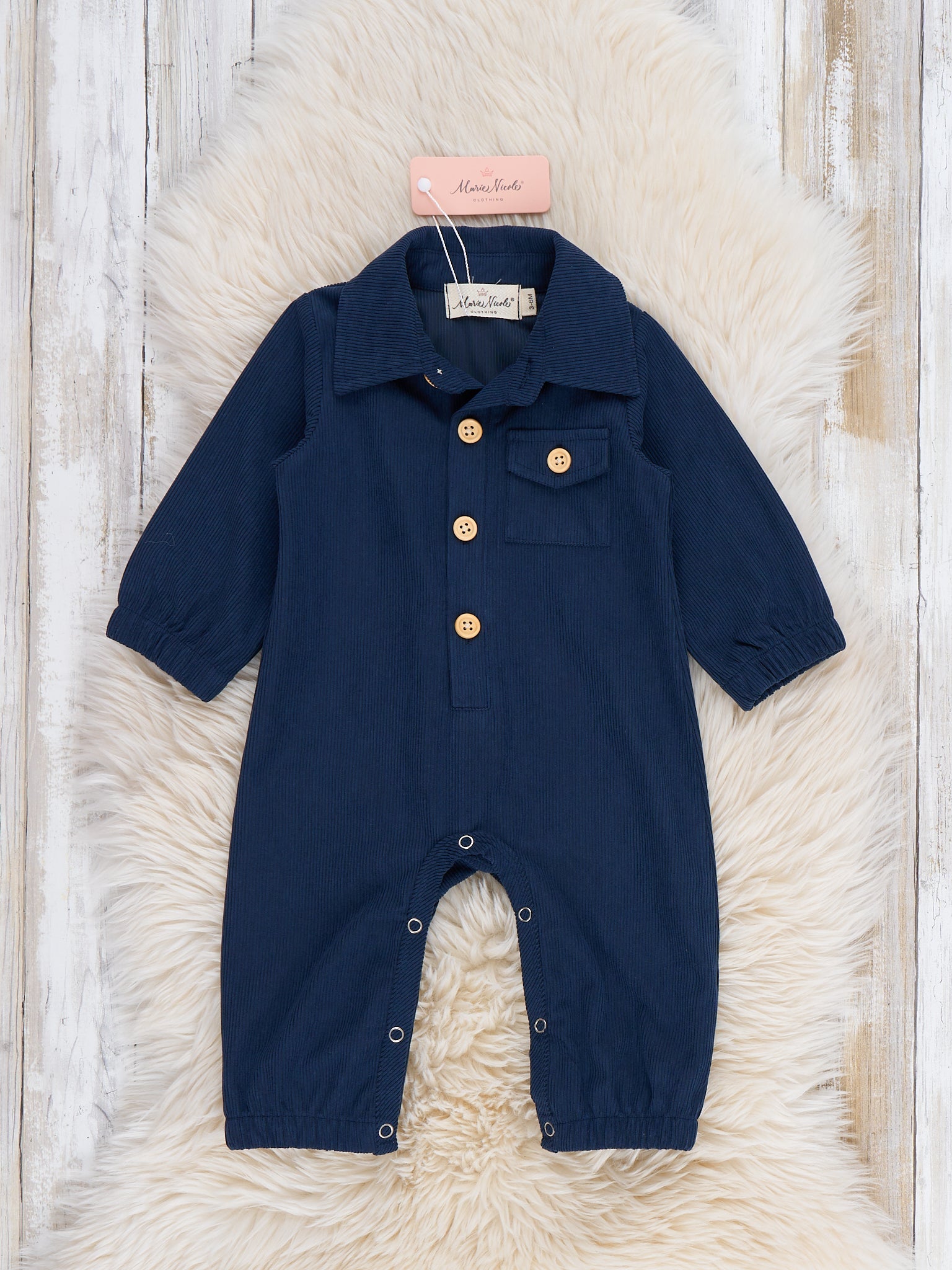Classic Collared Button Up Long Sleeve Romper in Navy