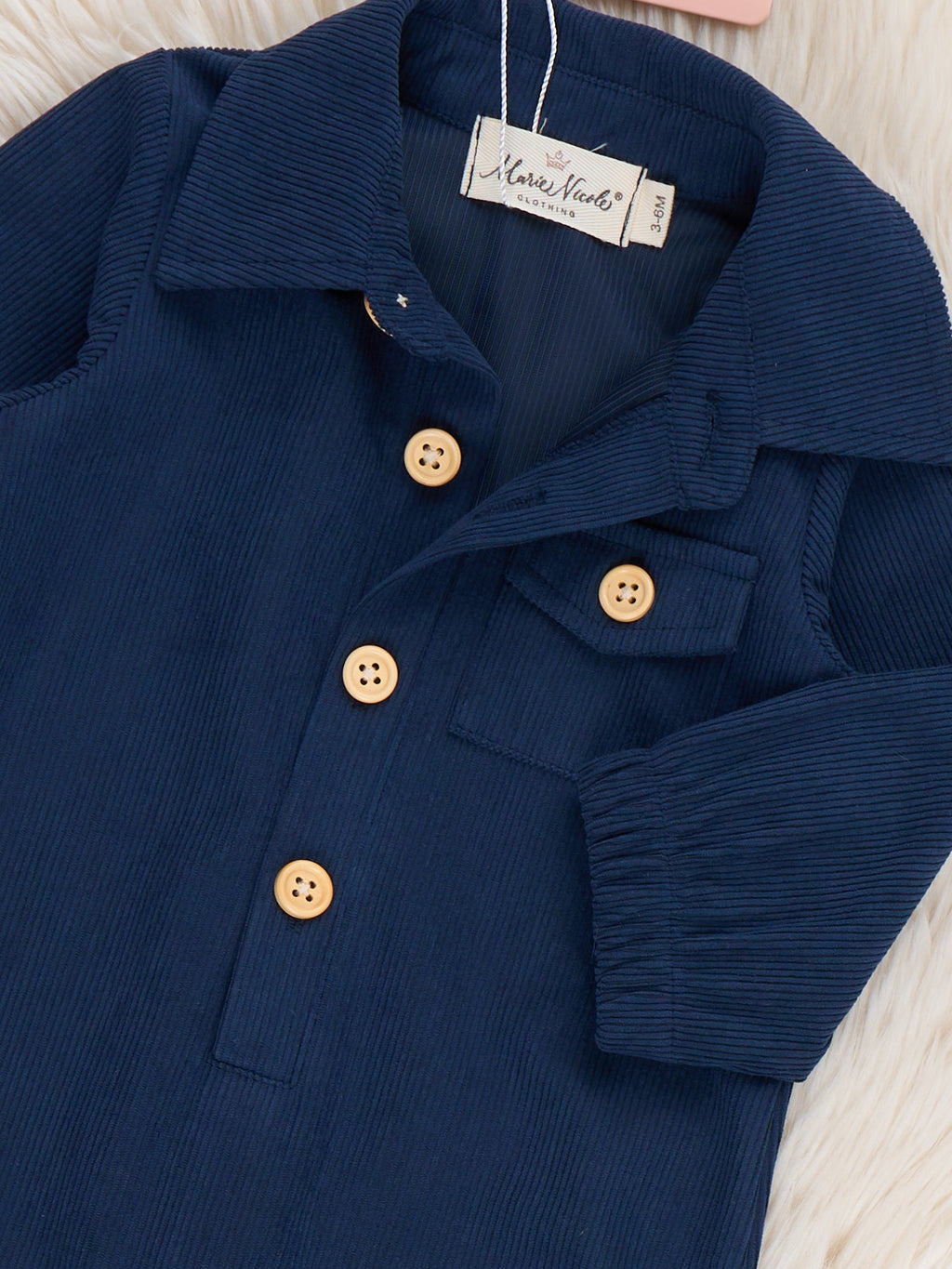 Classic Collared Button Up Long Sleeve Romper in Navy