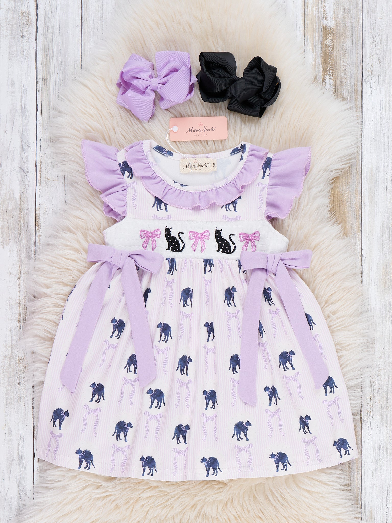 Halloween Whiskers Black Cat Embroidered Ruffle Dress