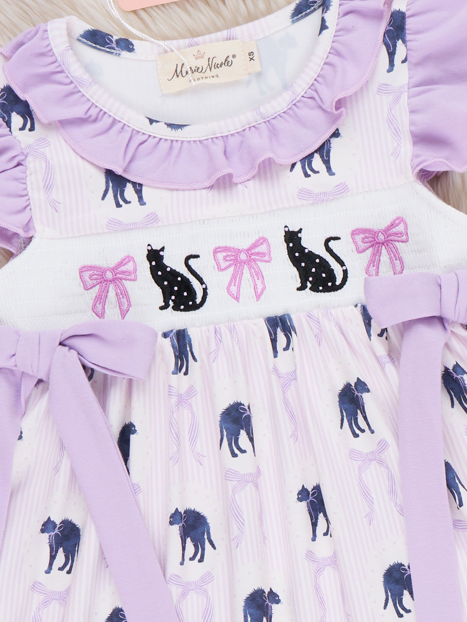 Halloween Whiskers Black Cat Embroidered Ruffle Dress