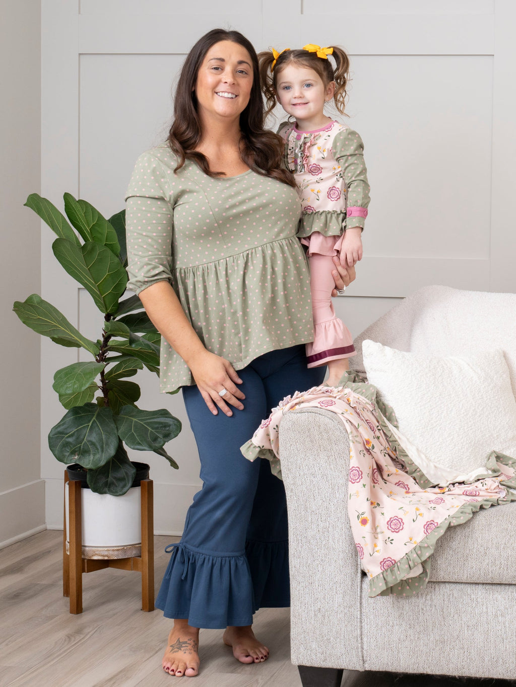Blue Crop Ruffle Pants with Floral Stretch