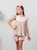 Polka Dot Garden Print Ruffle Hem Shorts