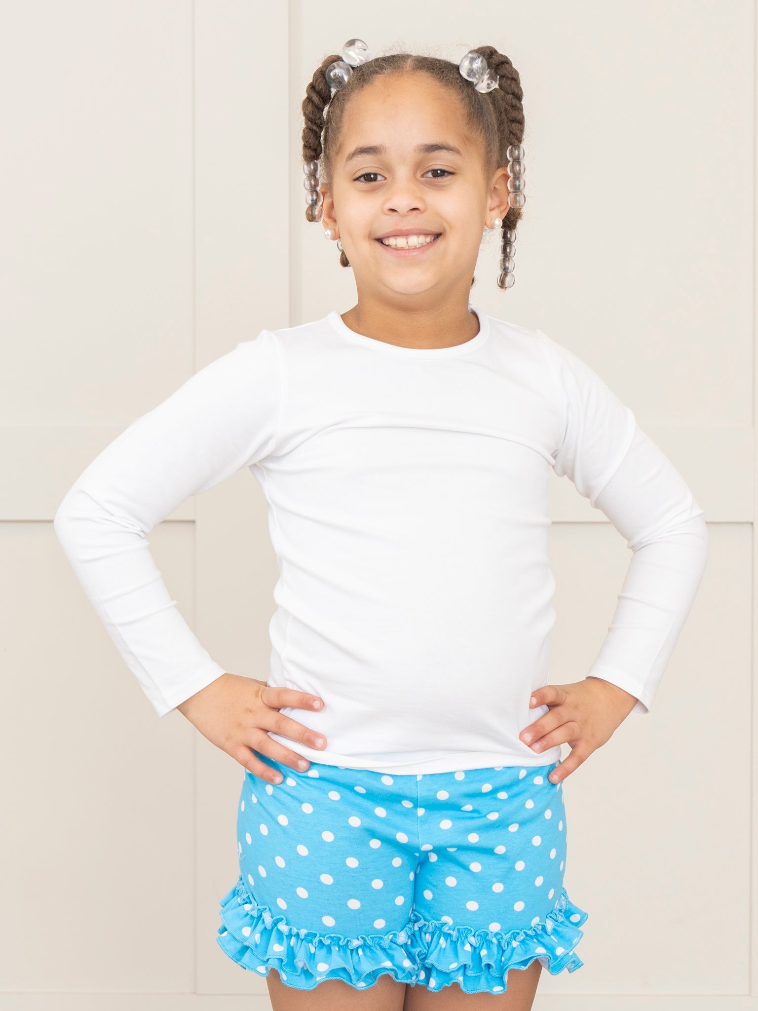 Cotton Ruffle Hem Shorts in Blue Polka Dots