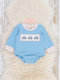 Farm Tractor Smocked Gingham Cuff Long Sleeve Snap Romper