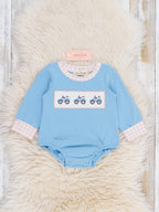 Farm Tractor Smocked Gingham Cuff Long Sleeve Snap Romper