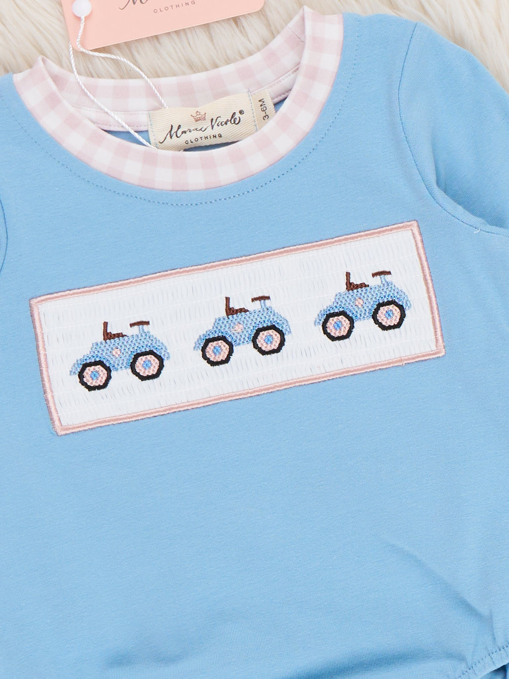 Farm Tractor Smocked Gingham Cuff Long Sleeve Snap Romper
