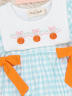 Gingham Pumpkin Embroidered Bow Puff Sleeve Romper