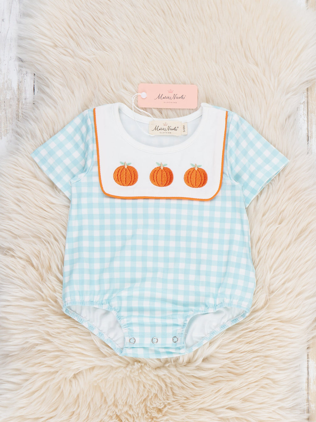 Pumpkin Embroidered Gingham Snap Closure Bubble Romper