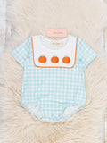 Pumpkin Embroidered Gingham Snap Closure Bubble Romper