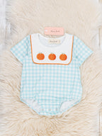 Pumpkin Embroidered Gingham Snap Closure Bubble Romper