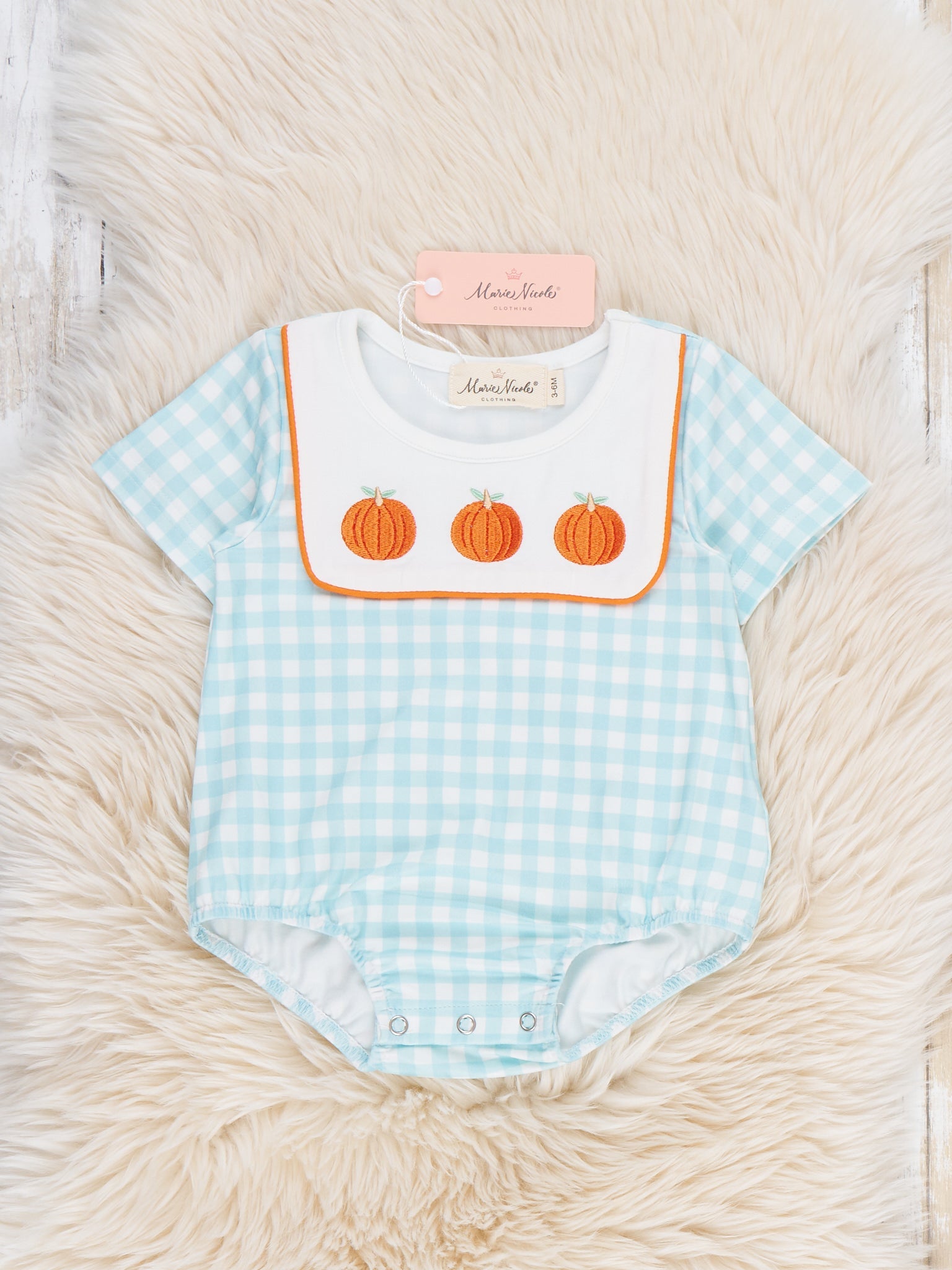 Pumpkin Embroidered Gingham Snap Closure Bubble Romper
