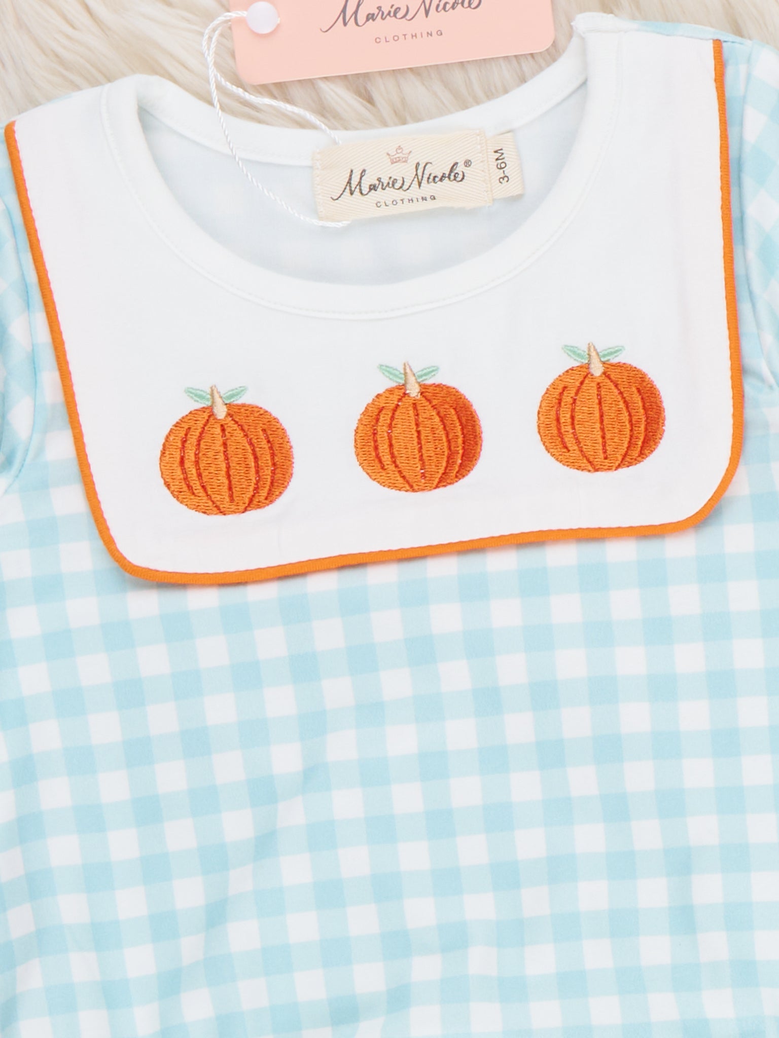 Pumpkin Embroidered Gingham Snap Closure Bubble Romper