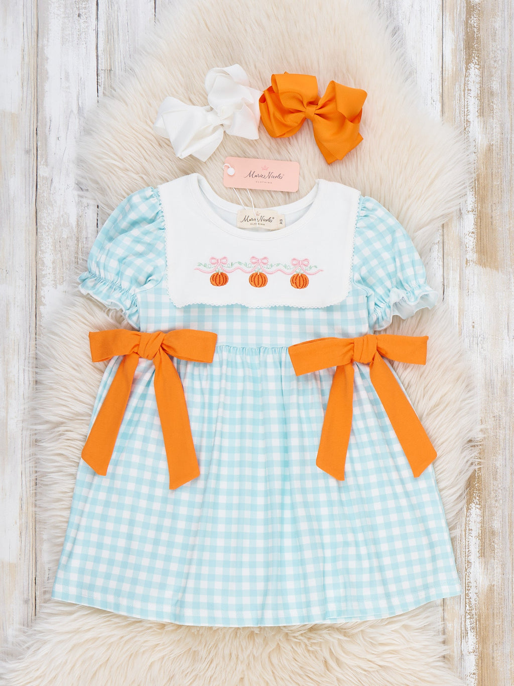 Gingham Pumpkin Embroidered Bow Ruffle Dress