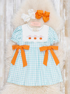 Gingham Pumpkin Embroidered Bow Ruffle Dress