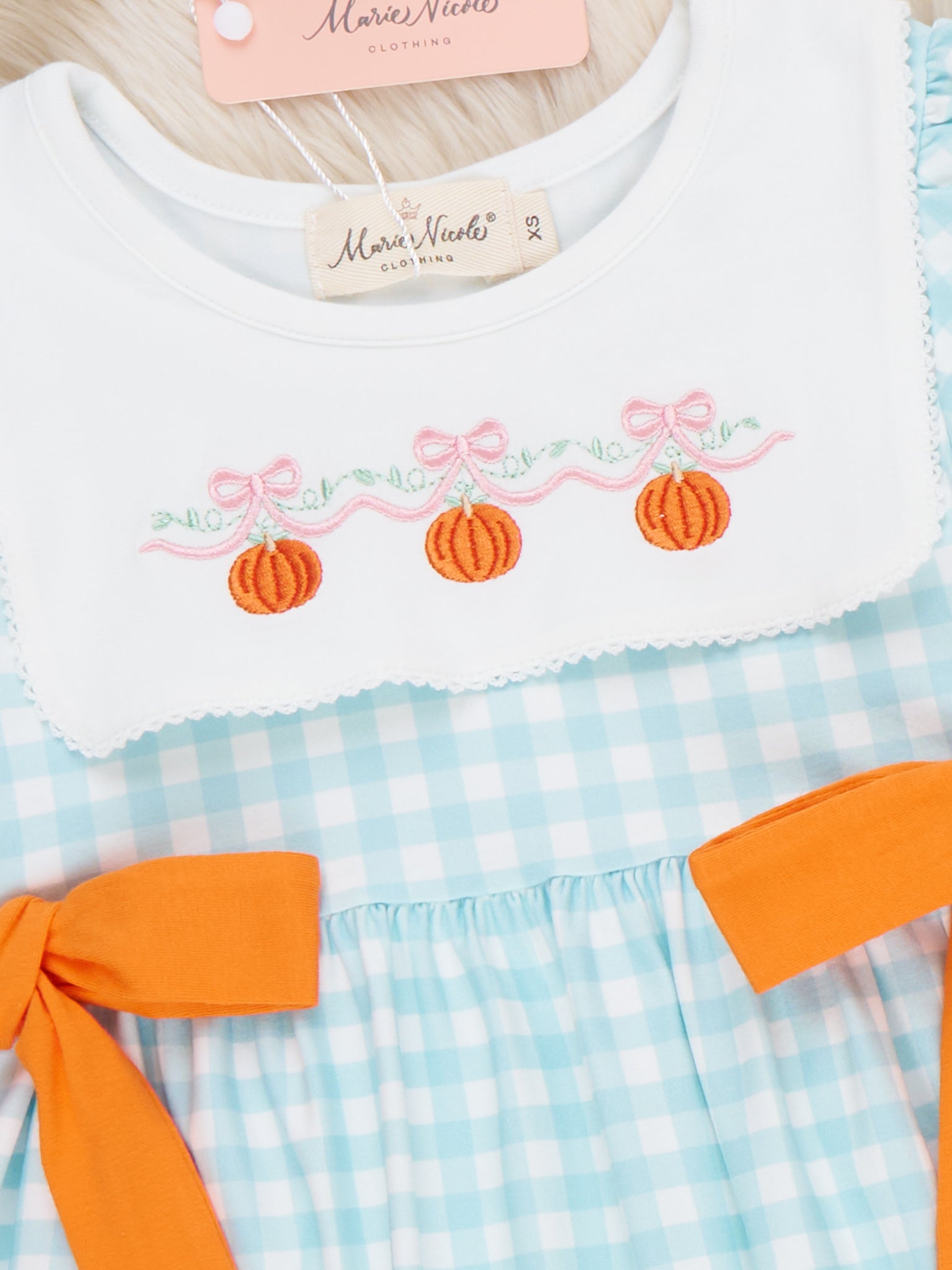 Gingham Pumpkin Embroidered Bow Ruffle Dress