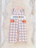 Jesus Loves Me Embroidered Plaid Sleeveless Snap Romper