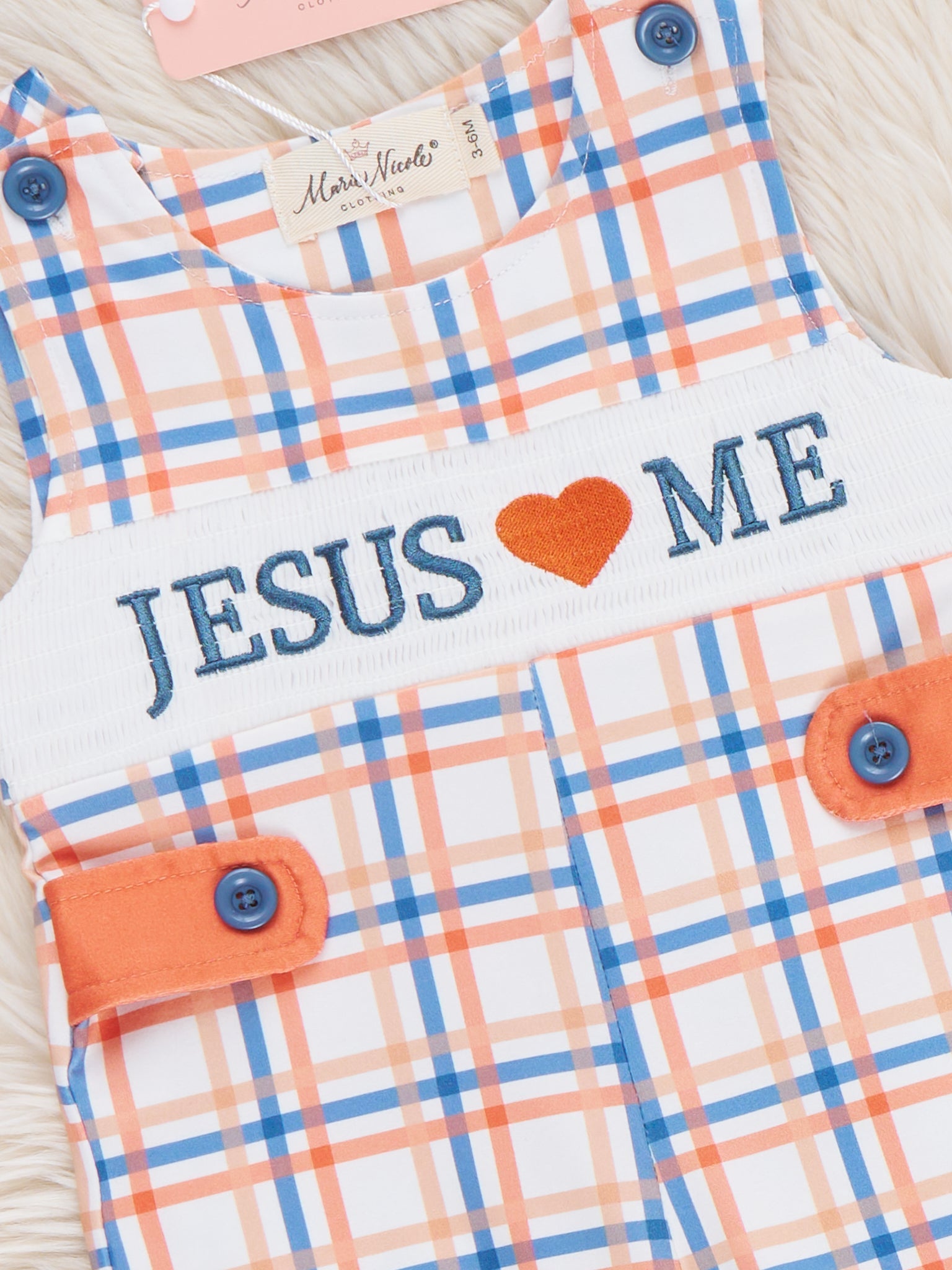 Jesus Loves Me Embroidered Plaid Sleeveless Snap Romper