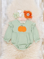 Harvest Pumpkin Embroidered Striped Sleeve Bubble Romper