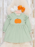 Harvest Pumpkin Ruffle Shoulder Long Sleeve Dress