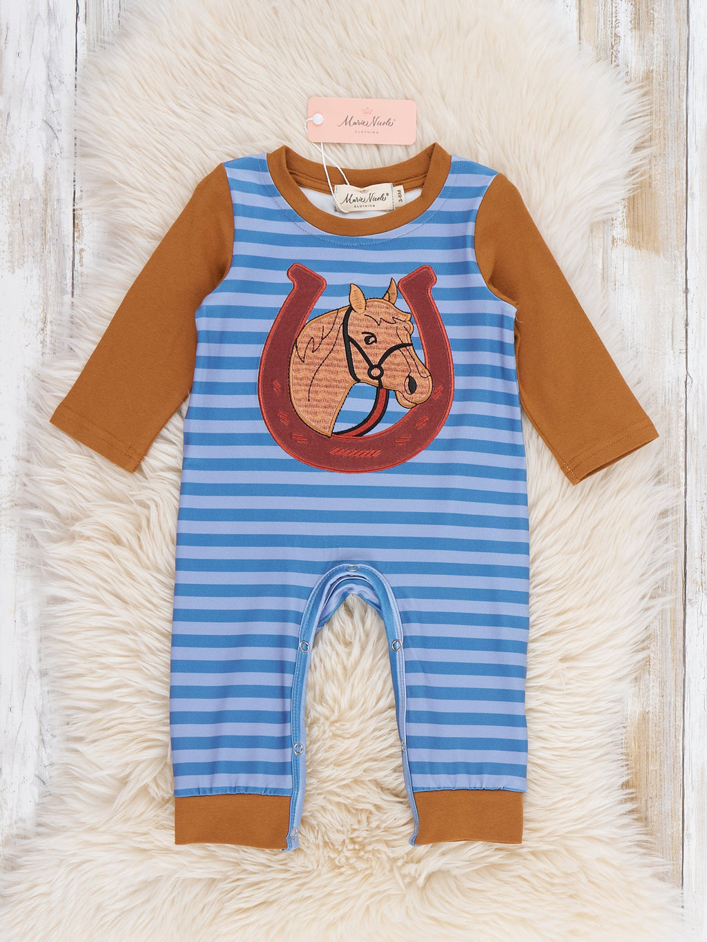 Horseshoe Embroidered Striped Contrast Cuff Snap Romper