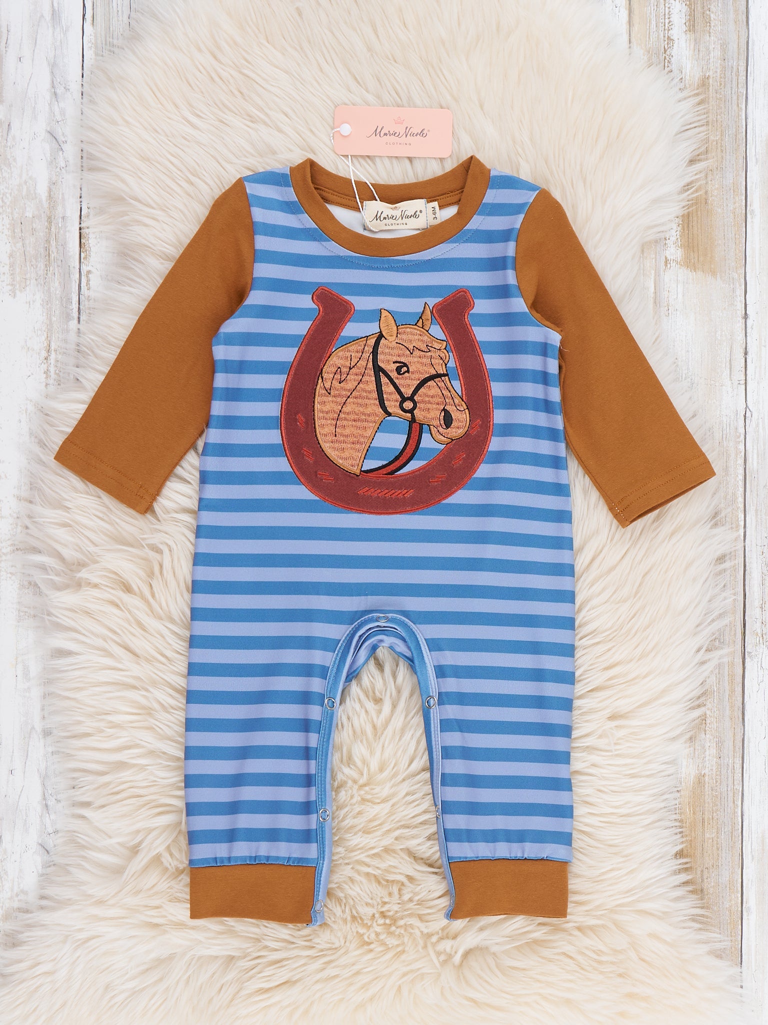 Horseshoe Embroidered Striped Contrast Cuff Snap Romper
