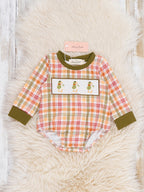 Mallard Duck Embroidered Plaid Contrast Cuff Long Sleeve Romper