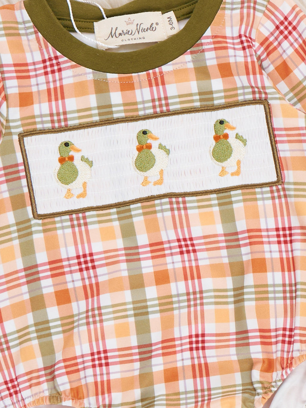 Mallard Duck Embroidered Plaid Contrast Cuff Long Sleeve Romper