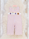 Haunted Halloween Embroidered Plaid Long Sleeve Romper