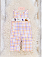 Haunted Halloween Embroidered Plaid Long Sleeve Romper