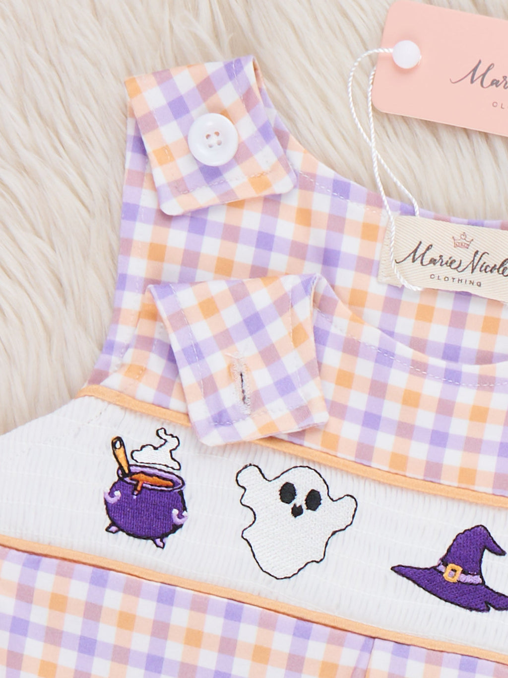 Haunted Halloween Embroidered Plaid Long Sleeve Romper
