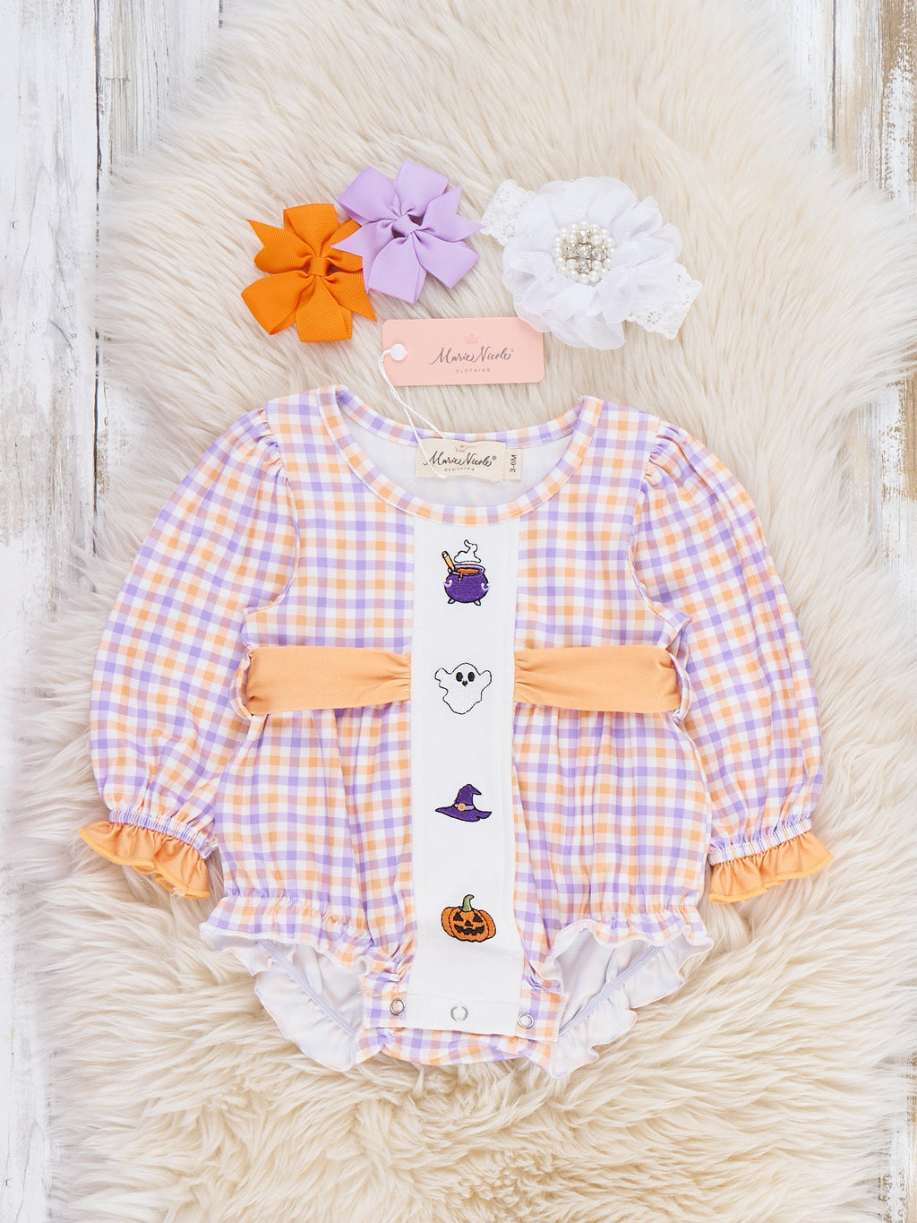 Haunted Halloween Plaid Embroidered Ruffle Bubble Romper