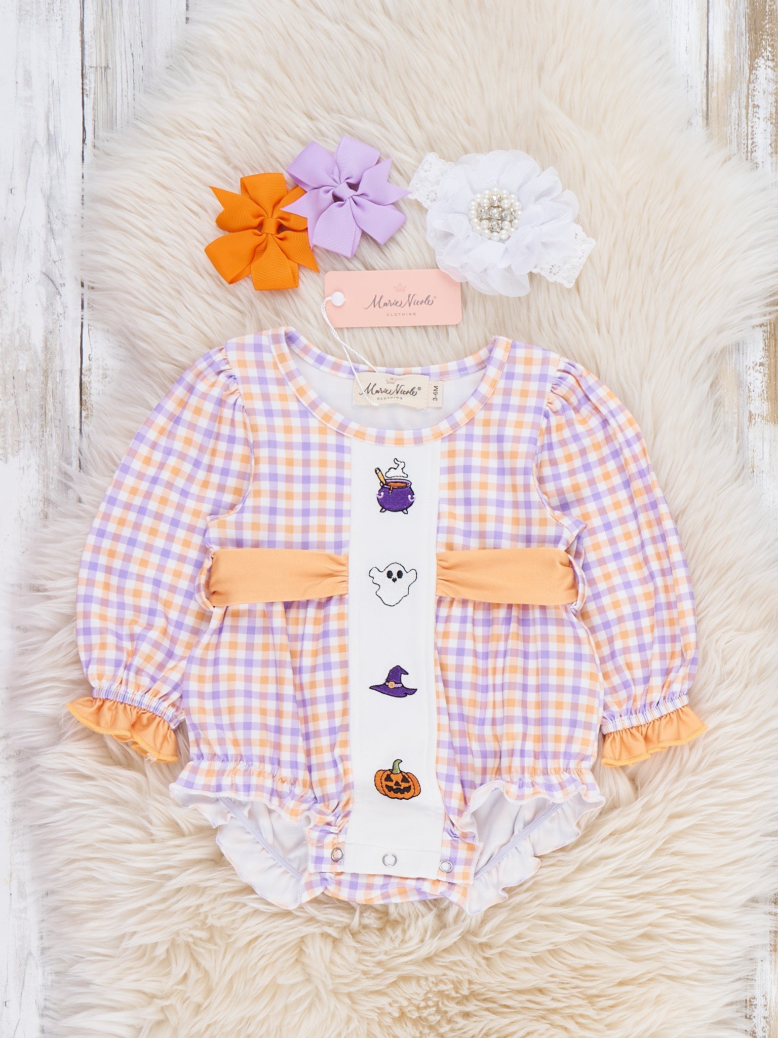 Haunted Halloween Plaid Embroidered Bubble Romper
